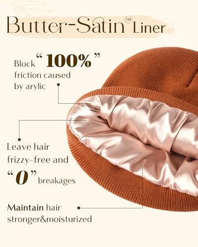 YANIBEST Womens Satin Lined Knit Beanie Hat Acrylic Winter Hats for Women Men Silk Lining Soft Slouchy Warm Cuffed Beanie Hat