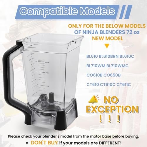 Replacement Pitcher 72 oz XL Compatible with Ninja Blender (New Model) BL610, 72oz Crushing Pitchers Replacement for Ninja BL710WM BL710WMC CO610B CO650B CT610