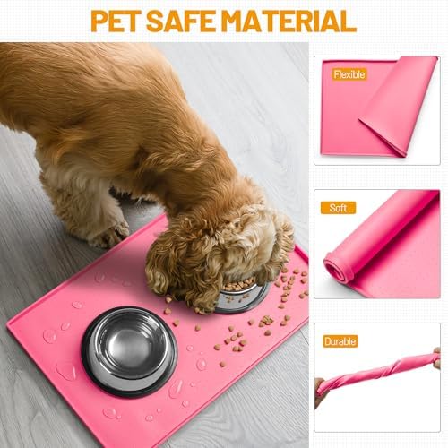 Hubulk Dog Feeding Mat,100% Waterproof Food Grade Silicone Pet Food and Water Bowl Placemat,Dishwasher, High Raised Edge to Prevent Spills,Nonslip Tray to Stop Messes on Floor (24"x16"x0.5", Pink)