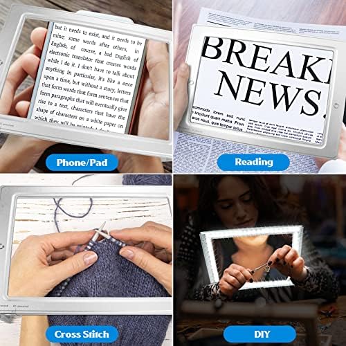 Magnifying Glass for Reading, 10"x 6" Large Lightweight Magnifier with 50 Bright LED Lights Provide Full Book Page Viewing Area Evenly Lit Perfect for Low Vision Person and Seniors Silver