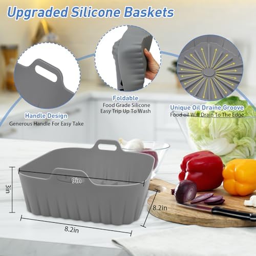 2 PCS Silicone Air Fryer Liners 9 Inch Square Easy Cleaning Airfryer Silicone Liners for 6-9 QT Frying Basket, Heat Resistant Reusable Ninja Air Fryer Accessories (Grey+Green)