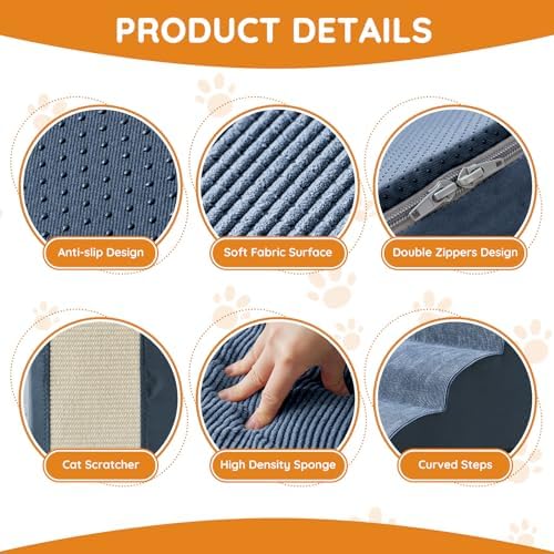 Dog Steps for Bed, Dog Stairs for Small Dogs, 2-Step Dog Ramp for Bed, Couch, Sofa, and Chairs, Non-Slip Bottom Design, Cat Scratching, High Density Foam Portable Pet Step, Indoor, Navy
