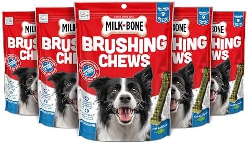 Milk-Bone Fresh Breath Brushing Chews, 9 Small/ Medium Daily Dental Dog Treats (Pack of 5) Scrubbing Action Helps Clean Teeth