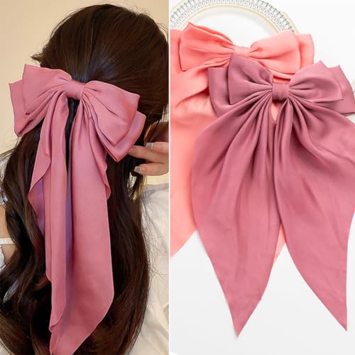 Hair Bows 2 PCS, Hair Bows for Women, Hair Ribbons, Oversized Long-tail Cute Aesthetic Hair Accessories, Large Hair Barrettes for Women, Big Bows for Girls (Watermelon Red, Deep Pink)