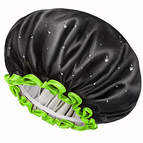 mikimini Black Shower Caps for Small Child 2 Packs, Double Layers Waterproof Bathing Hair Cap with Reusable Soft Comfortable PEVA Lining, Cute, non-fading & Stretchy Shower Hat