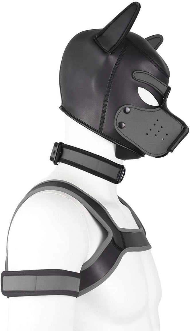 Adults Neoprene Puppy Hood Custom Animal Head Mask Novelty Costume Dog Hood Mask,Collar,Armband and Harness Set (Gray)