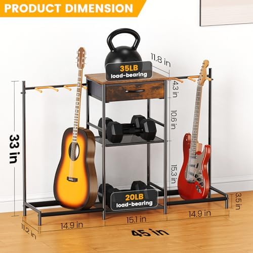 Guitar Stands Floor with 4 Guitar Holders, 3-Tier Guitar Stand Multiple Guitars, Guitar Rack with Amp Stand & Cloth Drawer, Multi Guitar Stand for Music Studio, Guitar Accessories gift for Music Lover