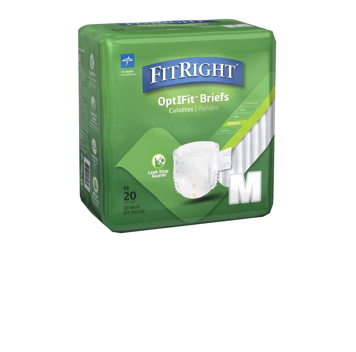 Medline FitRight OptiFit Extra+ Adult Diapers with leak stop guards, Disposable Incontinence Briefs with Tabs, Moderate Absorbency, Medium, 32"-44", 20 Count