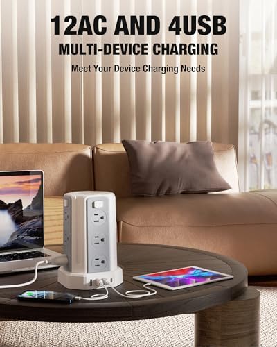 Power Strip Surge Protector, 10 Ft Extension Cord with 12 AC Multiple Outlets 4 USB (1 USB C), SMALLRT Power Tower Desktop Charging Station, Home Dorm Room Office Essentials, Desk Accessories White