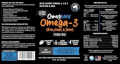 100% Pure Omega 3 Fish Oil for Dogs & Cats - Omegease Supplement for Skin & Coat, Itching, Shedding, Joints & Immune Health (32 oz)
