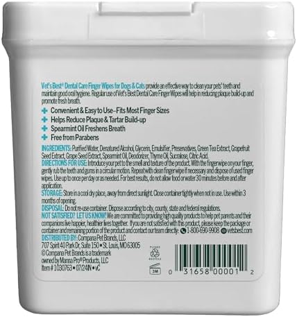Vet's Best Dental Care Finger Wipes for Dogs, Plaque & Tartar Remover For Teeth, Dog Dental Care Freshens Breath, Teeth Cleaning Finger Wipes for Dogs & Cats, Dog Wipes, Pet Wipes For Cats, 50 Count