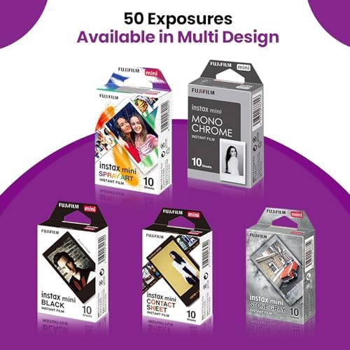 Fujifilm instax Mini Instant Film (50 Exposures: 10 of Each) Black Frame, Spray Art, Monochrome, Contact Sheet, Stone Gray Variety Pack + BluebirdSales Accessories Bundle + Black Photo Album