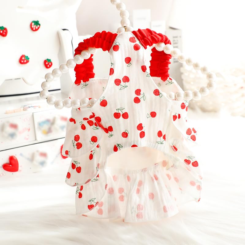 AZA Dog Princess Dresses for Small Dogs Clothes Cherry Costume Pet Suspenders Girl Cat Cute Lace Coat Floral Outfits Summer Costumes (L,Cherry)