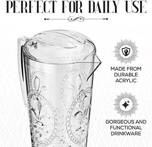 elle decor Acrylic Water Pitcher, Plastic Water Pitcher with Lid and Handle, Fridge Jug, BPA-Free, Shatter-Proof, Use for Iced Tea, Sangria, Lemonade, Juice, and Milk Beverages, 2 Liters (Clear)
