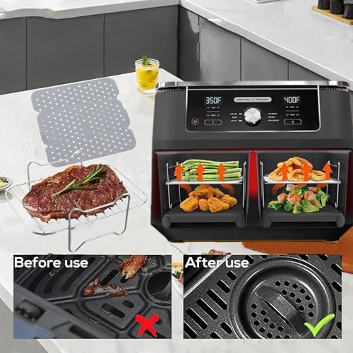 Dual Zone Air Fryer Accessories, 2pcs Air Fryer Rack with 2pcs Reusable Silicone Air Fryer Liners Compatible with Ninja Foodi Air Fryer DZ201, DZ401,4pcs Double Basket Air Fryer Accessories