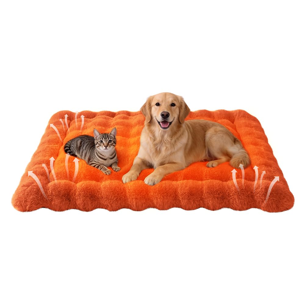 SOMAHE Self-Warming Dog Bed, Plush Faux Fur Mat with Anti-Slip Bottom, Ultra Soft Heated Pet Bed for Medium Large Dogs, Cozy Fluffy Pad for Carriers Couch Crate, Machine Washable, 35 x 27 Inch Orange