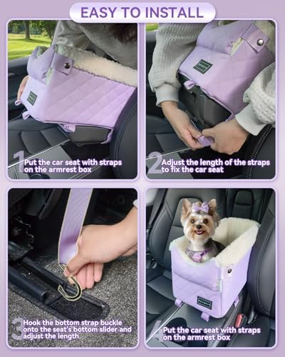 PETSFIT Cat Car Seat with Safe Protection Hooks, Center Console Dog Car Seat with Upgraded Safety Tethers, Washable Cushion, Dog Car Seats for Small Dogs Up to 9 Lbs (Purple)