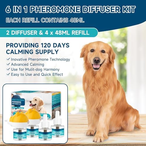 6-in-1 Calming Plug-in for Dogs with 2 Diffuser + 4 Refills, 120 Days Anxiety Relief Stress Appeasing Pheromone Diffuser