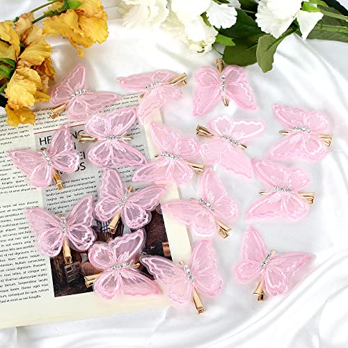 NAISIER Butterfly Hair Clips 15 Pieces 2.6 inch Lace Embroidery Flower Butterfly Hair Pins Hair Accessories for Halloween Cosplay Women Girls Hawaii Hair Clips.(Pink, 15 PCS)