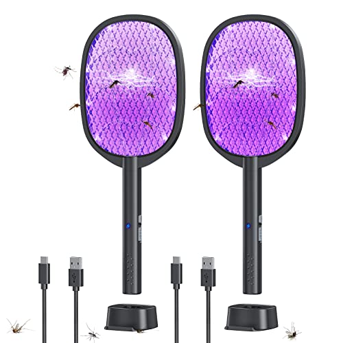 2 Pack Electric Fly Swatter 2 in 1 Bug Zapper Racket & Mosquito Zapper,4000V with USB Charging Base,Powerful Mosquito Swatter with 3 Layers of Safety Net Suitable for Indoor and Outdoor…