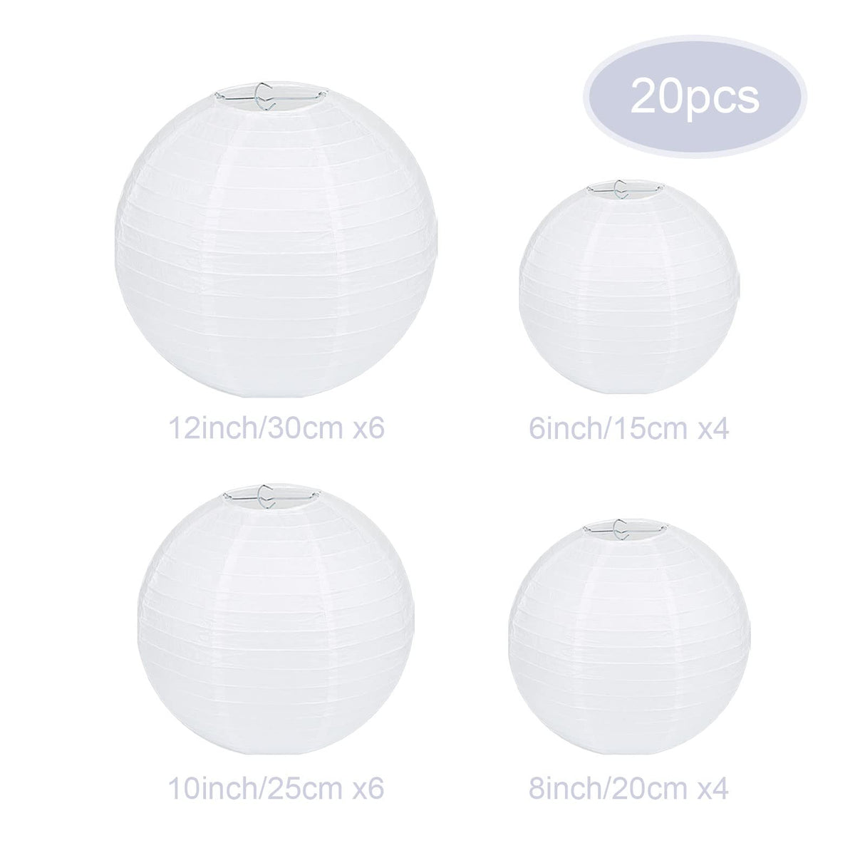 LIHAO 20pcs White Paper Lanterns Chinese Hanging Paper Lanterns Mix Size Decorative Party Lanterns for Wedding Birthday Halloween Party DIY, 4 Size