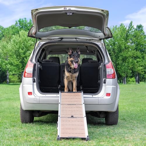 Dog Ramp for Car - Stable Anti-Slip Dog Car Ramp for Large Dogs - 63" Long & 15" Wide - 250LBS Capacity - Telescoping Pet Ramp - Lightweight - Reflective Sides - Fixing Clip - Desert Sand