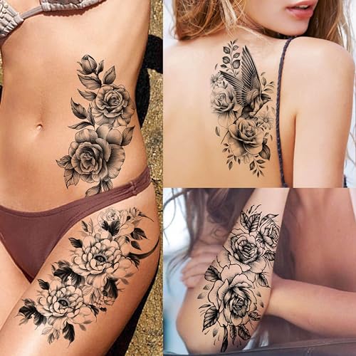 67 Sheets Black Realistic Rose Flower Temporary Tattoos For Women Girls Arm Thigh, Peony Moon Tiger Floral Temp Sleeve Tattoo Sticker Adult, Waterproof Fake Tatoos That Look Real And Last Long