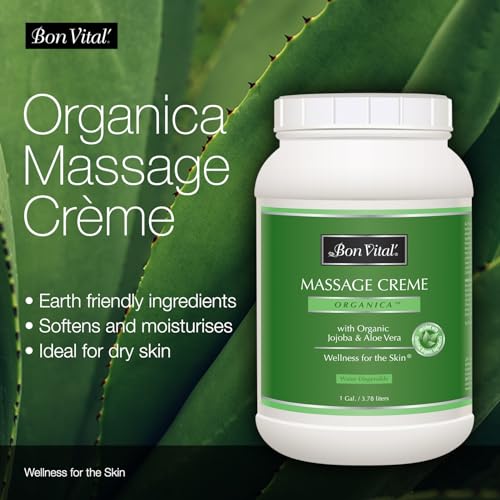 Bon Vital' Organica Massage Creme, Professional Massage Therapy Cream with Certified Organic Ingredients for Earth-Friendly & Relaxing Massage, Organic Jojoba Oil for Easy Glide, 1 Gal, Label may Vary