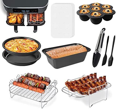 Dual Basket Air Fryer Accessories, Set of 10 Fit for Ninja Dual Air Fryer DZ201, DZ401 & Most 8 Quart - 10 Quart and Larger Dual Zone Air Fryer, Include Cake Pizza Pan, Rack & Skewer, Paper Liner, etc