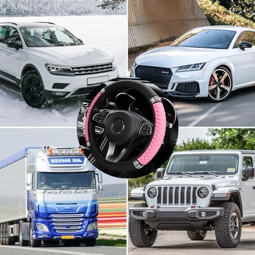 Bling Car Steering Wheel Cover, 15 Inch Rhinestones Soft Leather Elastic Steering Wheel Protector, Sparkly Crystal Diamond for Women Girls, Car Interior Accessories for Most Cars (Pink)