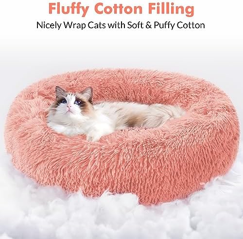 rabbitgoo Cat Beds for Indoor Cats, 20 inches Cat Bed Machine Washable, Fluffy Round Pet Bed Non-Slip, Calming Soft Plush Donut Cuddler Cushion Self Warming for Small Dogs Kittens, Light Pink, Medium