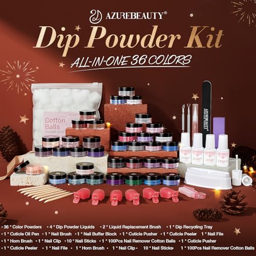 170Pcs Dip Powder Nail Kit, AZUREBEAUTY 36 Colors Brown Purple Christmas New Year Winter Dip Nail Powder Starter Set with Essential Liquid and Removal Accessories Set for French Nail Manicure Salon