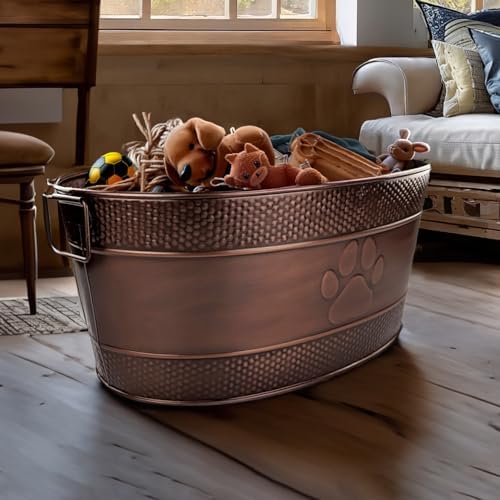 BREKX Indestructible Metal Dog Toy Bin - Copper Galvanized Storage Bin with Handles, Dog Toy Box for Dog Chew Toys, Blankets, & Leashes, Paw Pet Toy Box (25-Quart)