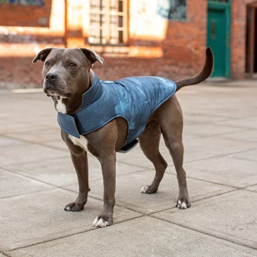 Furhaven Water-Repellent & Reversible Medium Dog Coat, Washable & Reflective w/ Leash Access, Pocket, & Carry-On Purse - Puffer Dog Jacket - Blue Watercolor, Medium