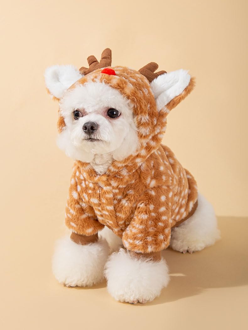 AZA Reindeer Dog Costume Fluffy Christmas Clothes Moose Coat Winter Pet Hoodies Puppy Girl Cute Coat Outfits for Small Dogs Costumes (S(Suitable:3.5lb-5.5lb),Moose Brown)
