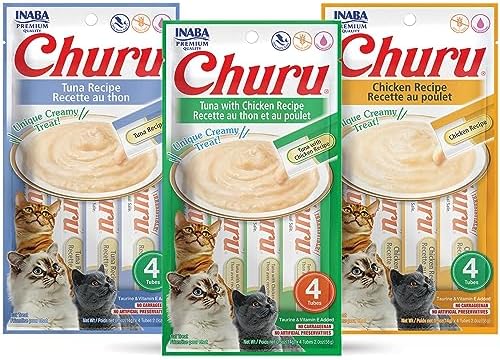 INABA Churu Lickable Purée Natural Cat Treats Tuna & Chicken 3 Flavor Assortment of 12 Tubes