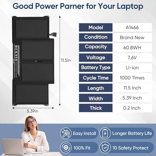 8000mAh A1466 Replacement Laptop Battery for MacBook Air 13 inch A1466 (Mid 2012,Mid 2013,Early 2014,Early 2015,2017) A1369(Late 2010,Mid 2011 Version) A1496 A1405 A1377 (EMC :2925, 2469, 2559, 2392)