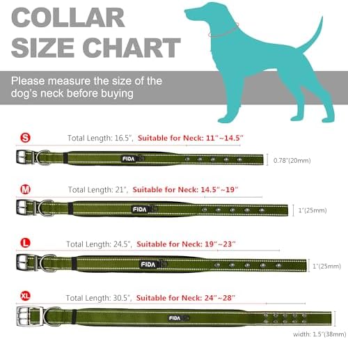 Fida Heavy Duty Dog Collar, Ultra Comfortable Soft Neoprene Padded, Adjustable Reflective Nylon Pet Collar with Durable Metal Belt Buckle for Small Breeds (S, Green)