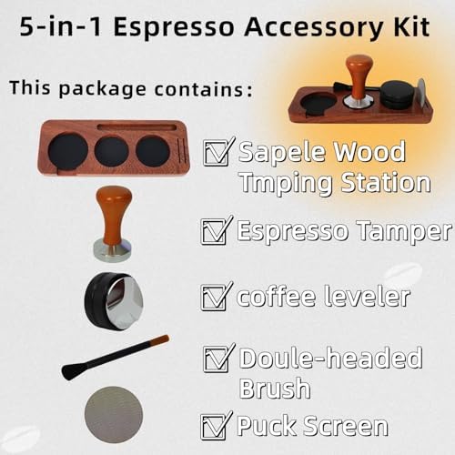Espresso Machine Accessories,5pcs Espresso Tamper Kit,54mm Coffee Tamper Fits Breville Espresso Machine Portafilters Tools Set,Sapele Wood Tamping Station with Tamper,Leveler,Brush and Puck Screen