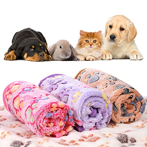 Tatuo 4 Pcs Dog Blanket for Pet Cat Blankets Indoor Puppy Teething Stuff Toys Paw Print Fleece Soft Blanket Sleep Mat for Guinea Pig Cage(White, Coffee, Pink, Purple,Medium(30 x 20.5 Inch),Square)