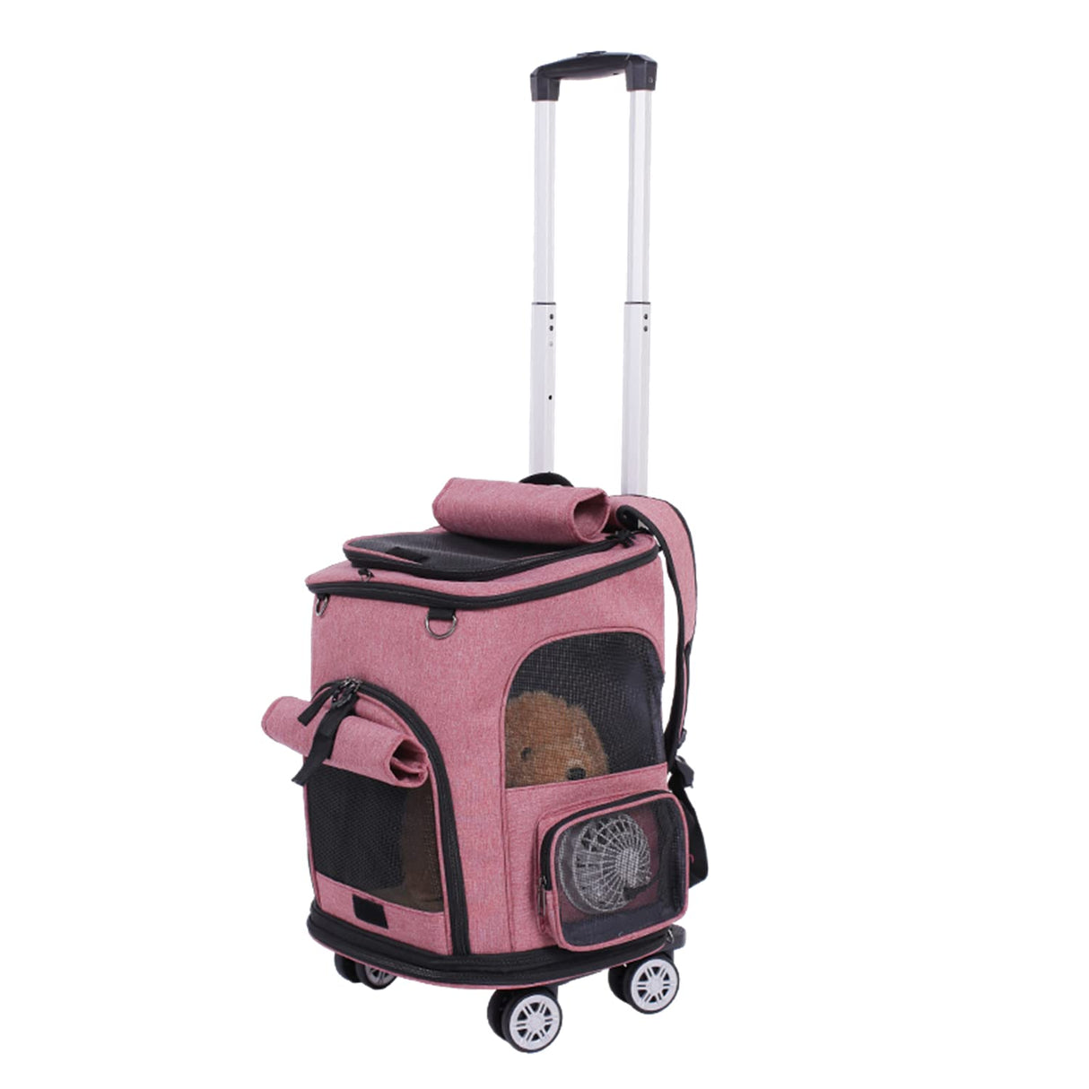 Falytemow Cat Carrier Backpack with Wheels Puppy Carrying Bag with Breathable Mesh and Fan Collapsible Pet Cages on Rolling Trolley with Removable Base and Telescopic Handle for Small Pets Under 18lb