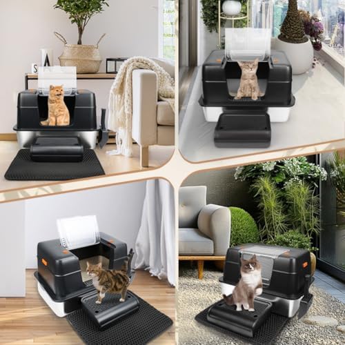 Vivifying Stainless Steel Litter Box, XL Side Entry Extra Large Litter Box with Lid for Big Cats & Kitty, Removable Enclosed Metal Cat Pan with High Sided Enclosure, Scoop, Mat, Footboard (Black)