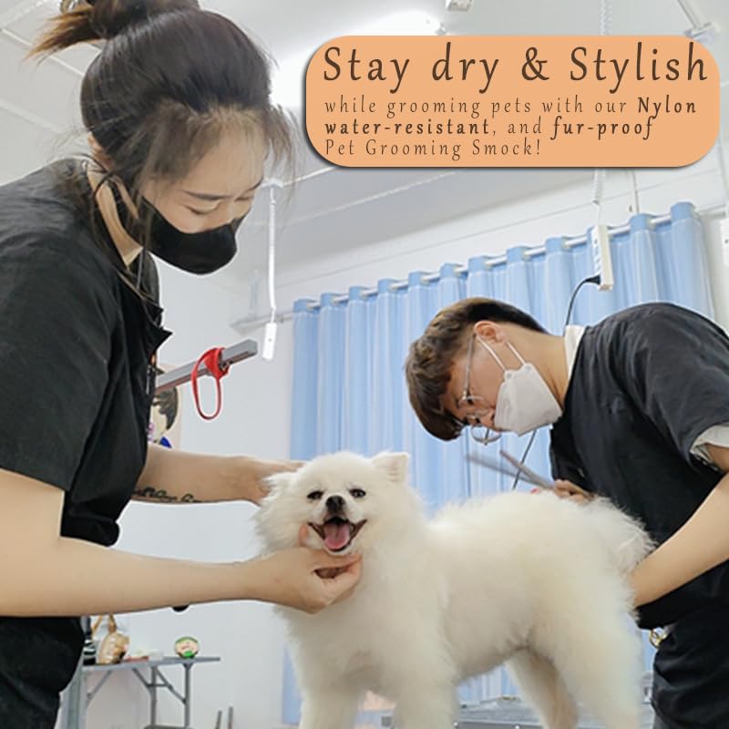Dog Grooming Smock for Men Women, Anti-Static Smock for Pet Shop Dog Cat Grooming Bathing, Short Sleeves, Water Resistant and Hair Proof, (Solid Black L)