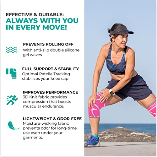 MODVEL Knee Compression Sleeve for Knee Pain Relief & Knee Support - Pack of 2 Knee Sleeves for Women & Men, 1 Pair of Knee Brace for Running, Workout, Sports, & Injury Recovery - Medium, Pink/Pink