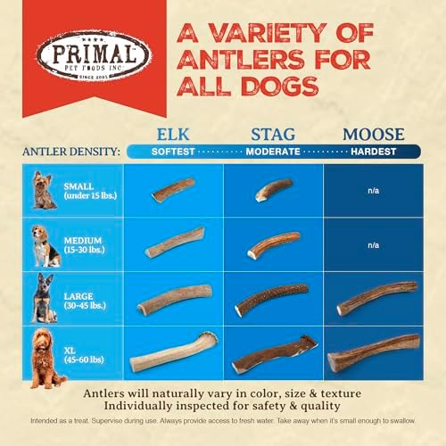 Primal Antlers for Dogs, Grade A Split Stag Antlers for Medium Canines 15-30 lb, Natural Chews for Aggressive Chewers, Naturally Shed, Long Lasting Dog Bones, 1 ct