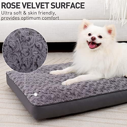 Dog Crate Bed Waterproof Dog Beds for Medium Dogs Rose Velvet Soft Fluffy Washable Dog Bed with Removable Cover & Anti-Slip Bottom, 29 x 18 Inch, Gray