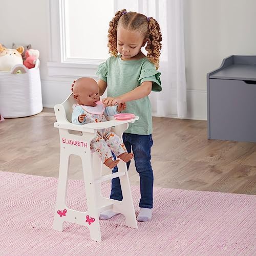 Badger Basket Wooden Doll High Chair with Feeding Tray, Bib, Personalization Kit, and Accessories - Fits 18-Inch Dolls, White with Pink Gingham Seat for Pretend Play