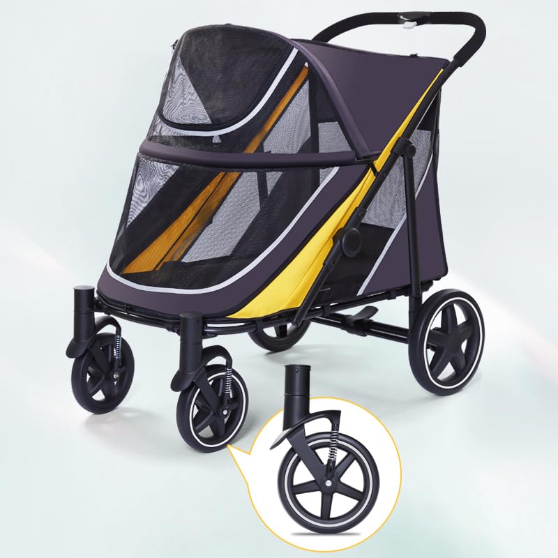 Large Dog Stroller-4 Wheel Pet Strollers for Medium Dogs or 2 Dogs- One-Click Foldable - Large Breathable Mesh & Sunroof - All Terrain Pet Stroller for Medium Senior Dog up to 88 lbs (Yellow)