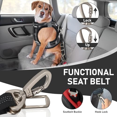 GAMUDA Dog Harness, Collar and Seat Belt Set, Vehicle Safety Harness, Retractable Adjustable Pet Seatbelts with Travel Strap and Carabiner for Most Cars (Black, L)