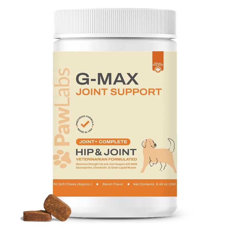 Pawlabs G-Max Joint Support for Dogs - Maximum Strength Hip & Joint Supplement with Glucosamine, Chondroitin, MSM etc - Relieves Arthritis Pain & Hip Dysplasia - Bacon Flavor, 60 Chews